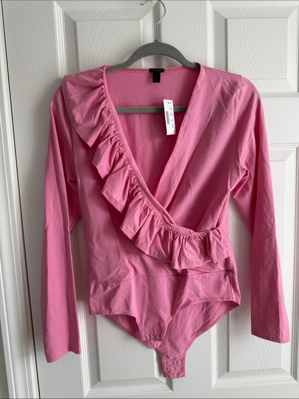 J. Crew Pink Ruffle Wrap-Front Long Sleeve Bodysuit